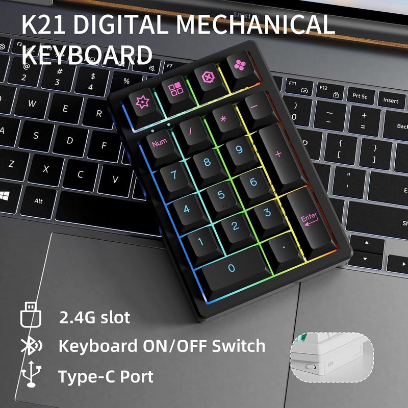 Boyi TD21 Hot Swap Numpad,21 Keys Mini Numpad Portable Keypad Bluetooth5.0/2.4G/Wired Number Pad Keyboard PBT Keycaps RGB Backlit Type-C Mini Keyboard (Cool Black Cherry Keycaps) - Image 2